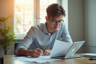 Jeune professionnel concentré sur ses notes et ordinateur