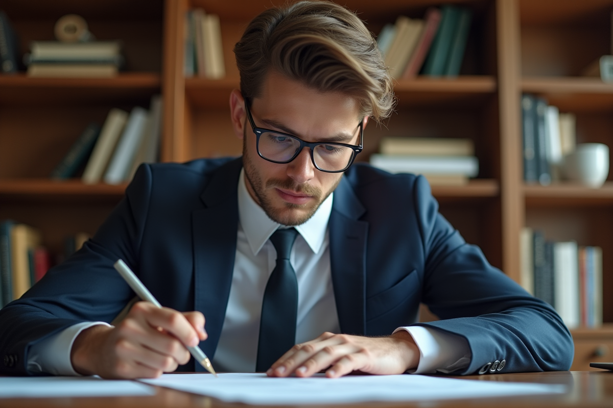 Jeune homme en costume regardant des documents au bureau