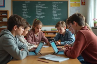 Groupe de collégiens français en classe avec tablettes