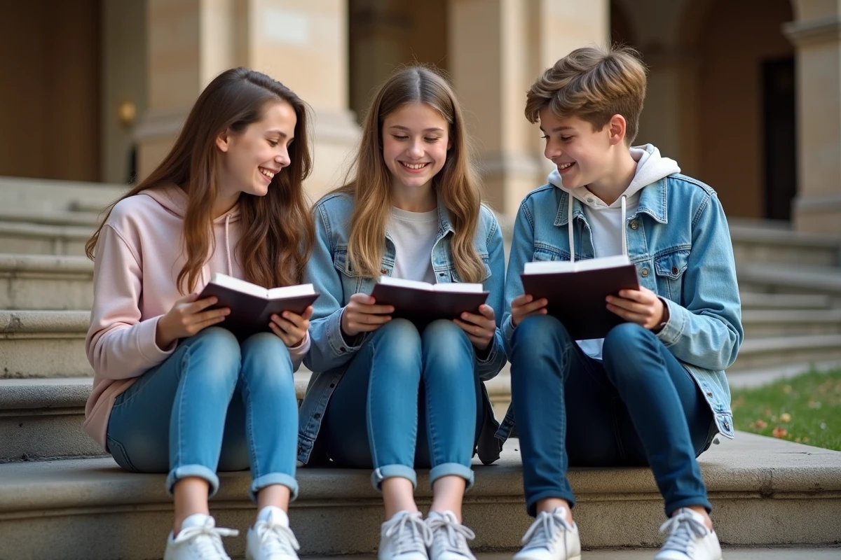 Trois adolescents discutant espagnol sur les escaliers