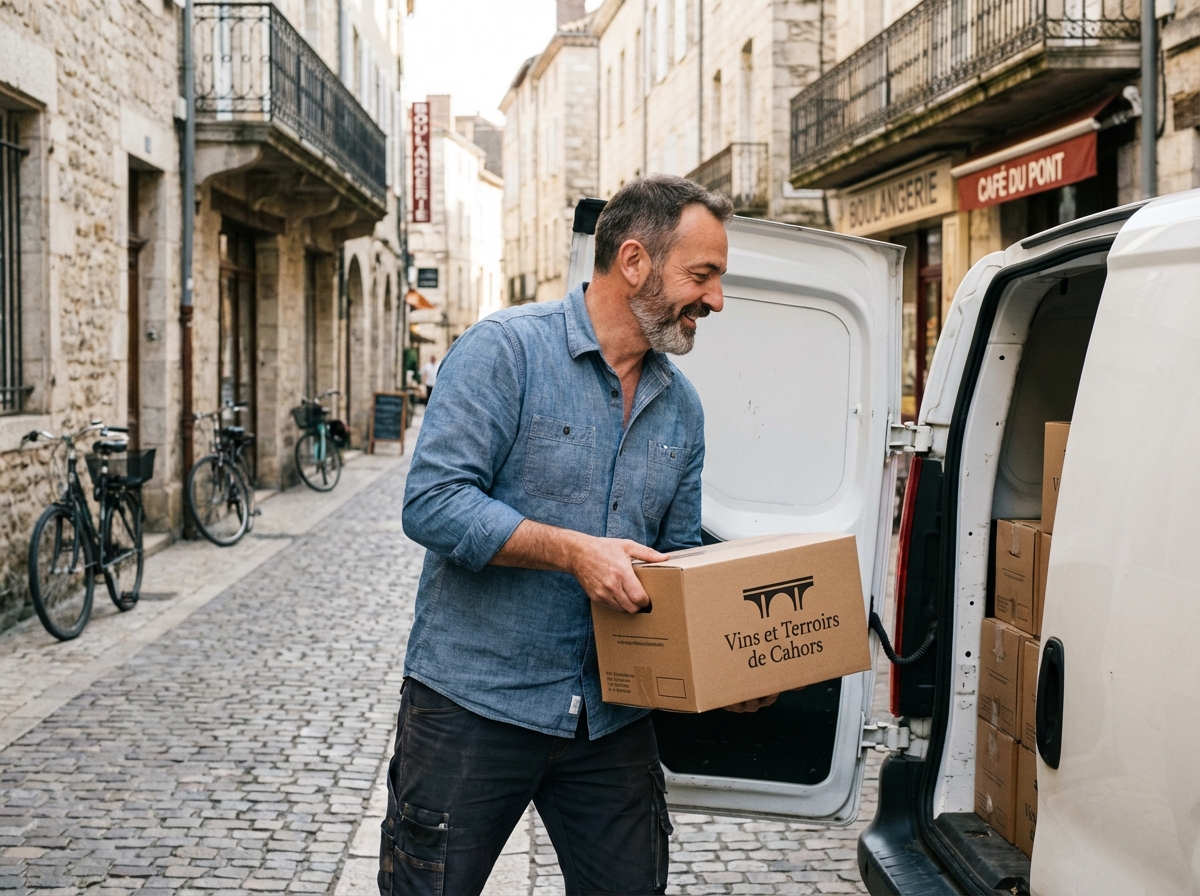 Livreur déchargeant des colis dans une rue de Cahors