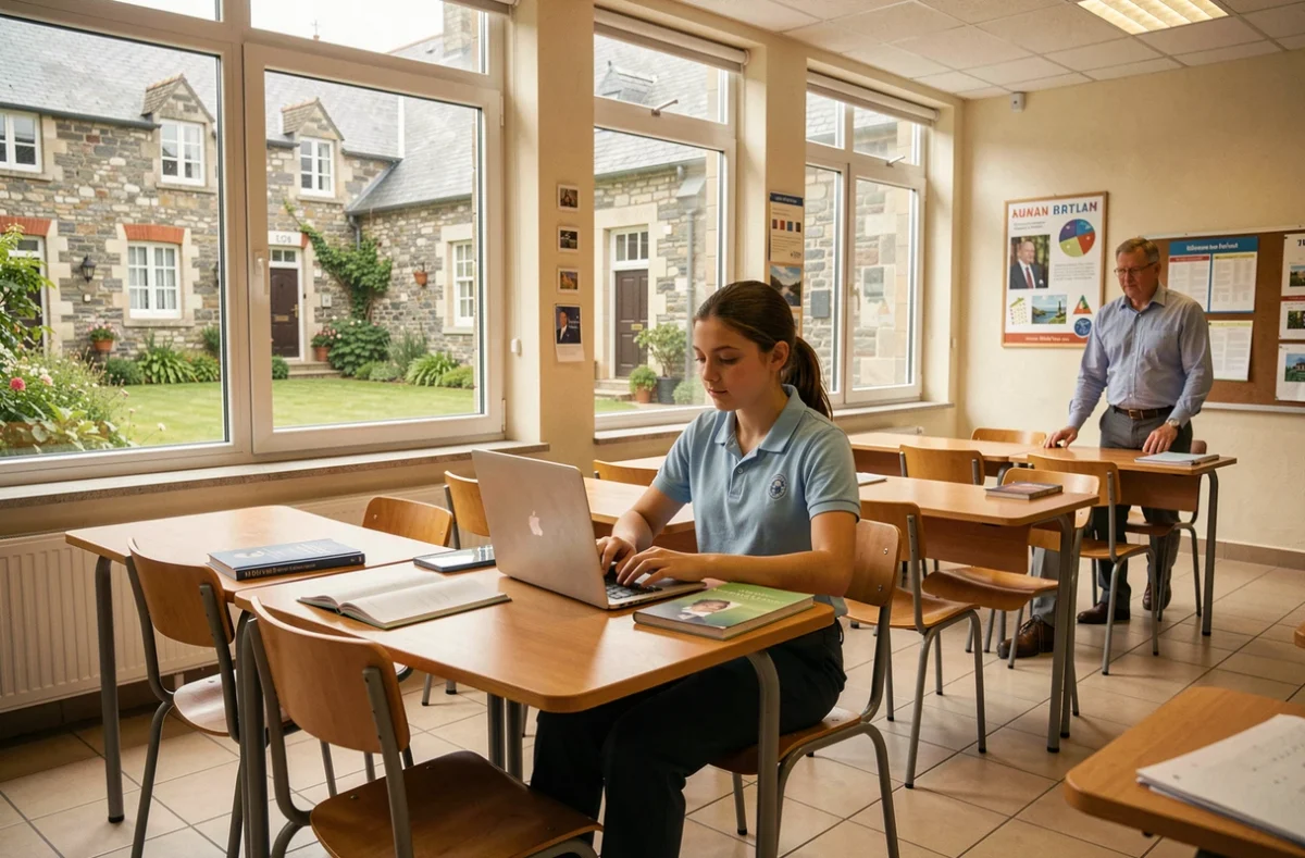 Lycéenne en classe au lycée Kerplouz-LaSalle d'Auray avec vue sur la cour en pierre bretonne traditionnelle