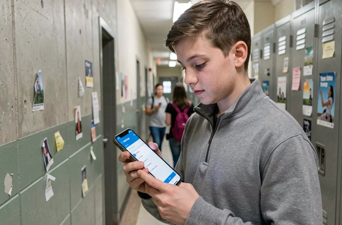 Lycéen consultant ses bulletins scolaires sur smartphone dans un couloir de lycée