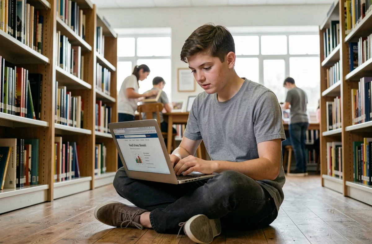 Lycéen consultant un site éducatif en ligne dans une bibliothèque scolaire pour réviser ses devoirs