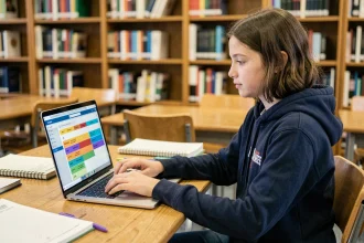 Lycéenne consultant son espace numérique ENT sur un ordinateur portable dans une bibliothèque scolaire