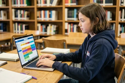 Lycéenne consultant son espace numérique ENT sur un ordinateur portable dans une bibliothèque scolaire