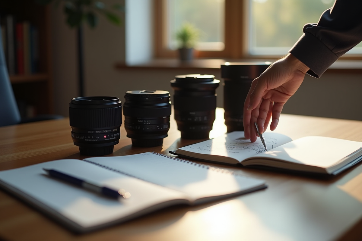 Main disposant des objectifs photo sur un bureau en bois avec notes
