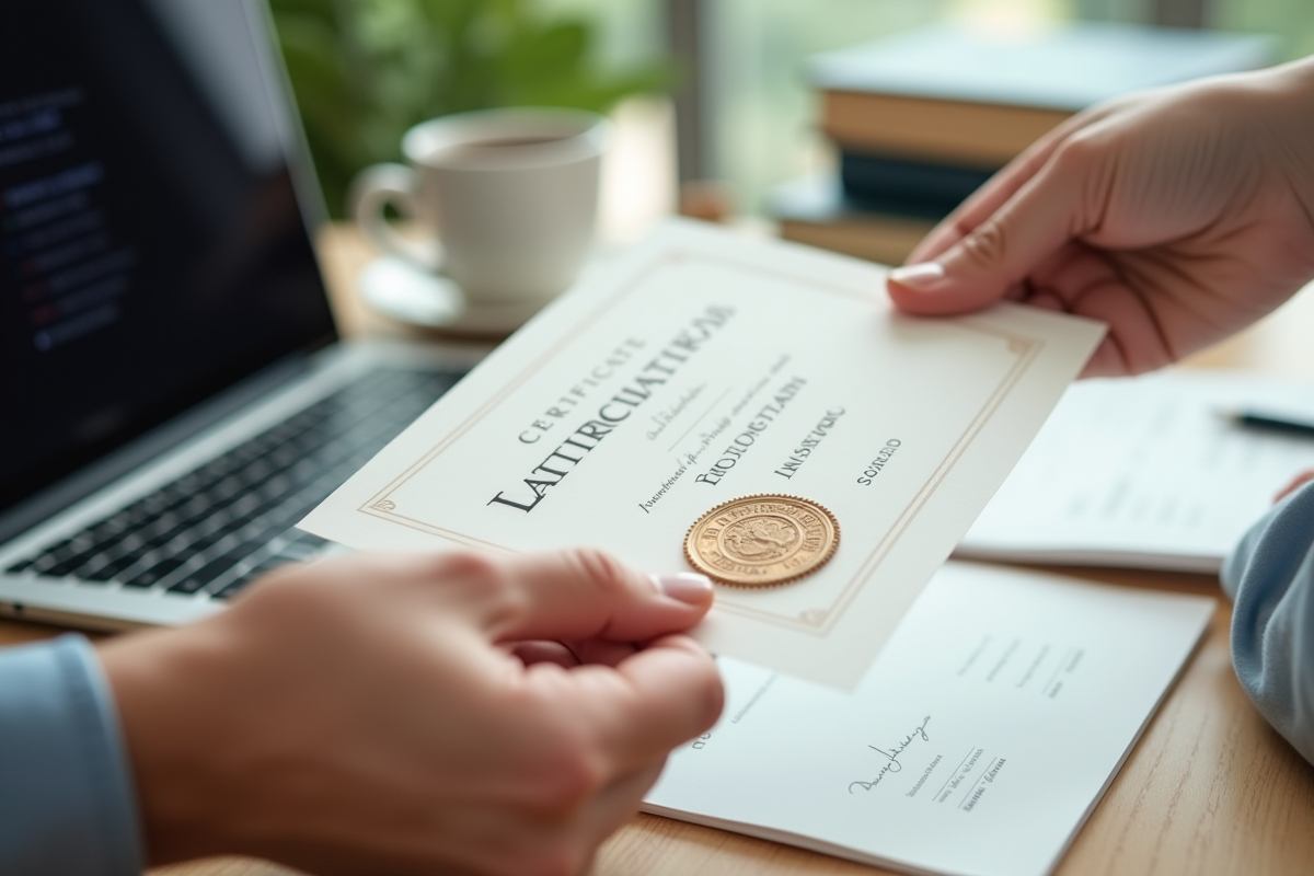 Mains tenant un certificat officiel dans un bureau lumineux