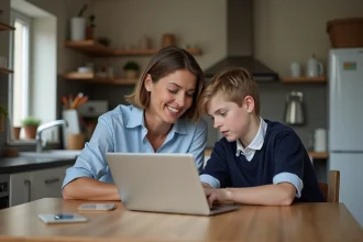 Maman et fille souriantes devant un ordinateur dans la cuisine