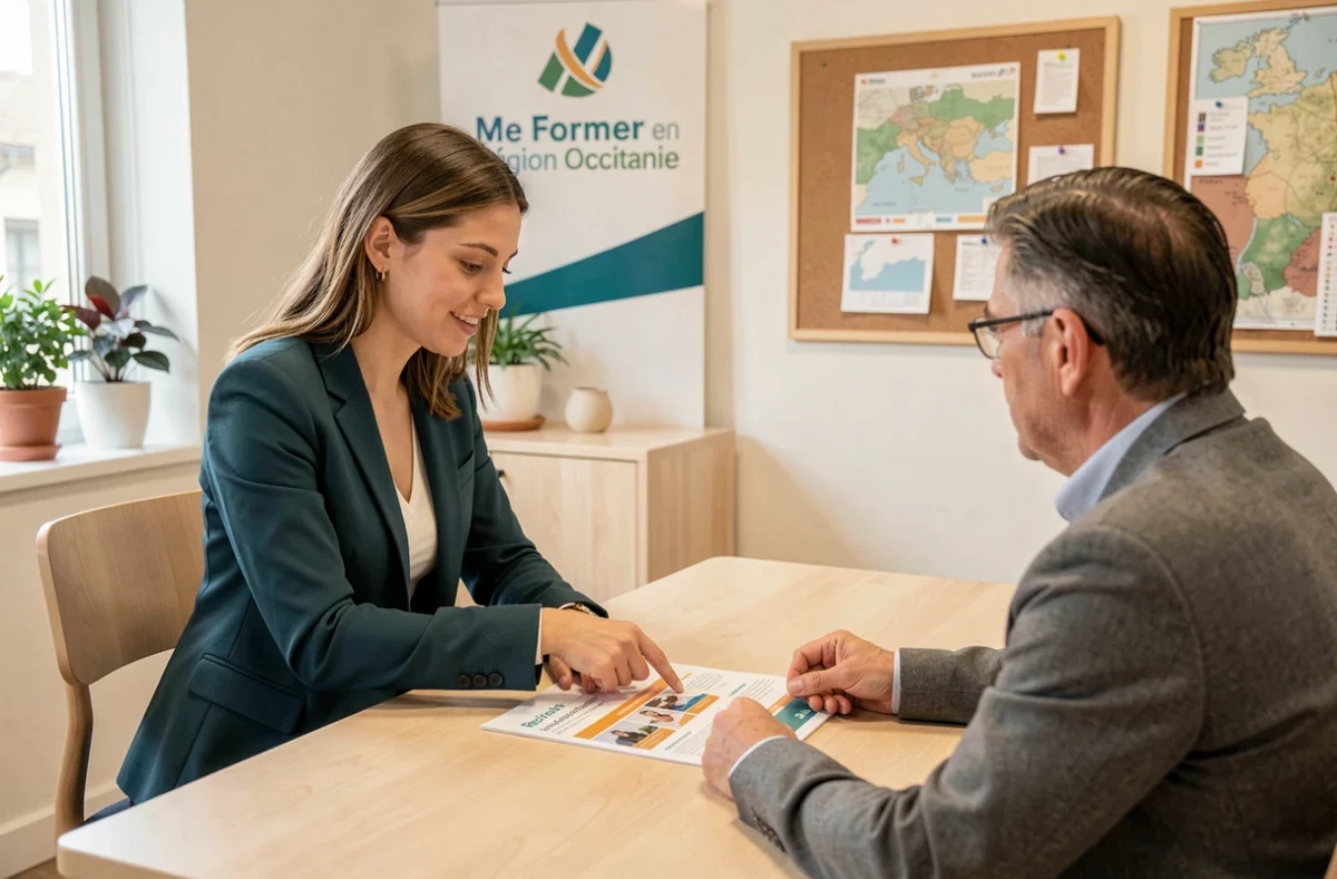 Jeune femme consultant une conseillère sur les formations en alternance disponibles via Me Former en Région Occitanie