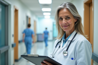 Femme medecin confiante dans un hôpital lumineux