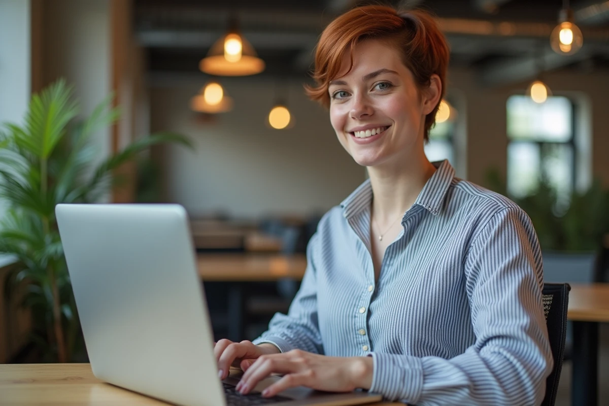 Jeune femme consultant le portail melouvert Orléans Tours sur un ordinateur portable dans un espace de coworking