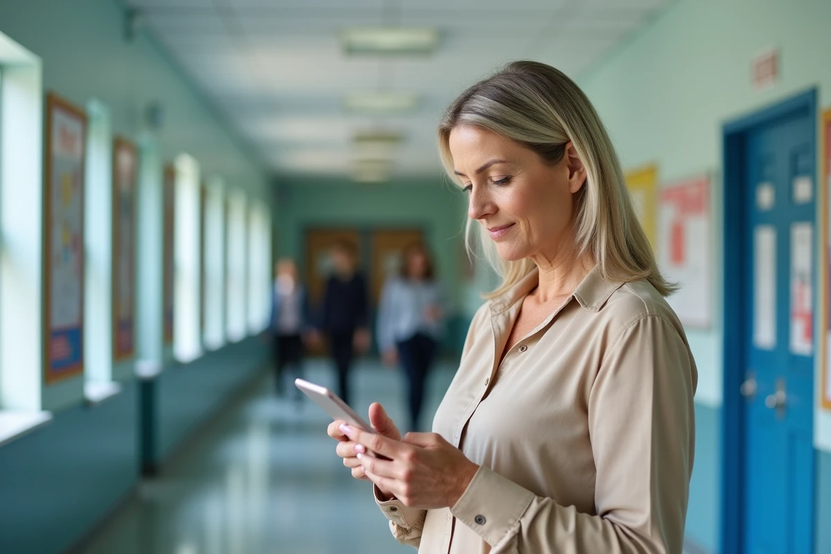 Mère d'élève consultant les actualités scolaires sur son smartphone dans un couloir d'école, restant informée grâce au site edmond-labbe.fr