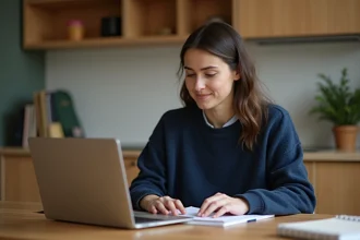 Mère de famille consultant le site edmond-labbe.fr sur son ordinateur portable dans sa cuisine, recherchant les dernières actualités scolaires pour ses enfants