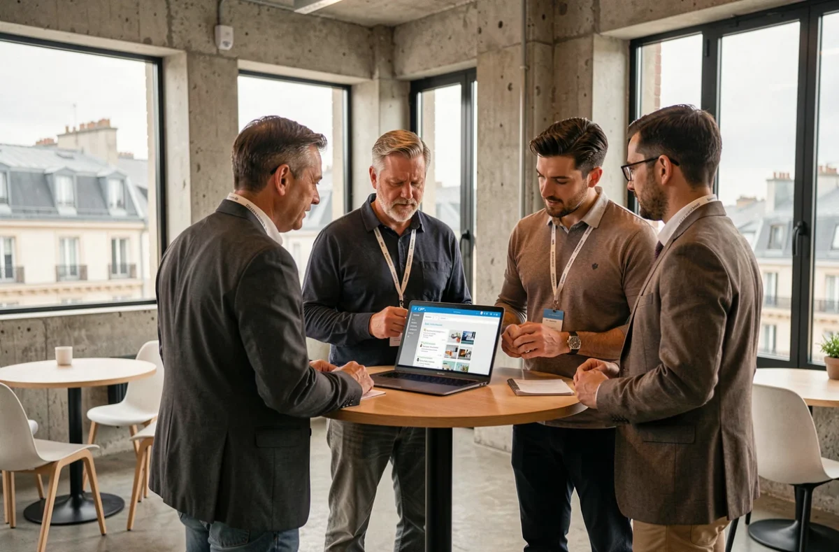 Groupe de professionnels consultant une plateforme CPF lors d'une pause networking d'une conférence digitale parisienne