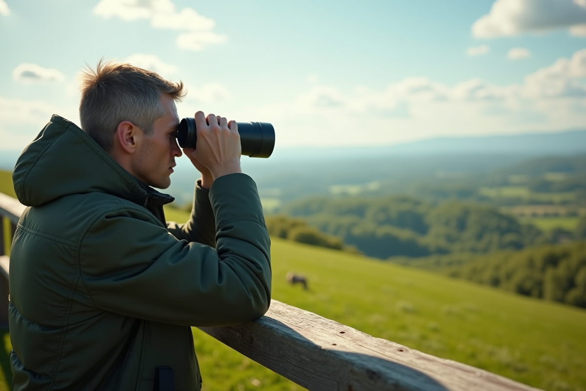 Jonquier observant la faune avec des jumelles dans un paysage vert