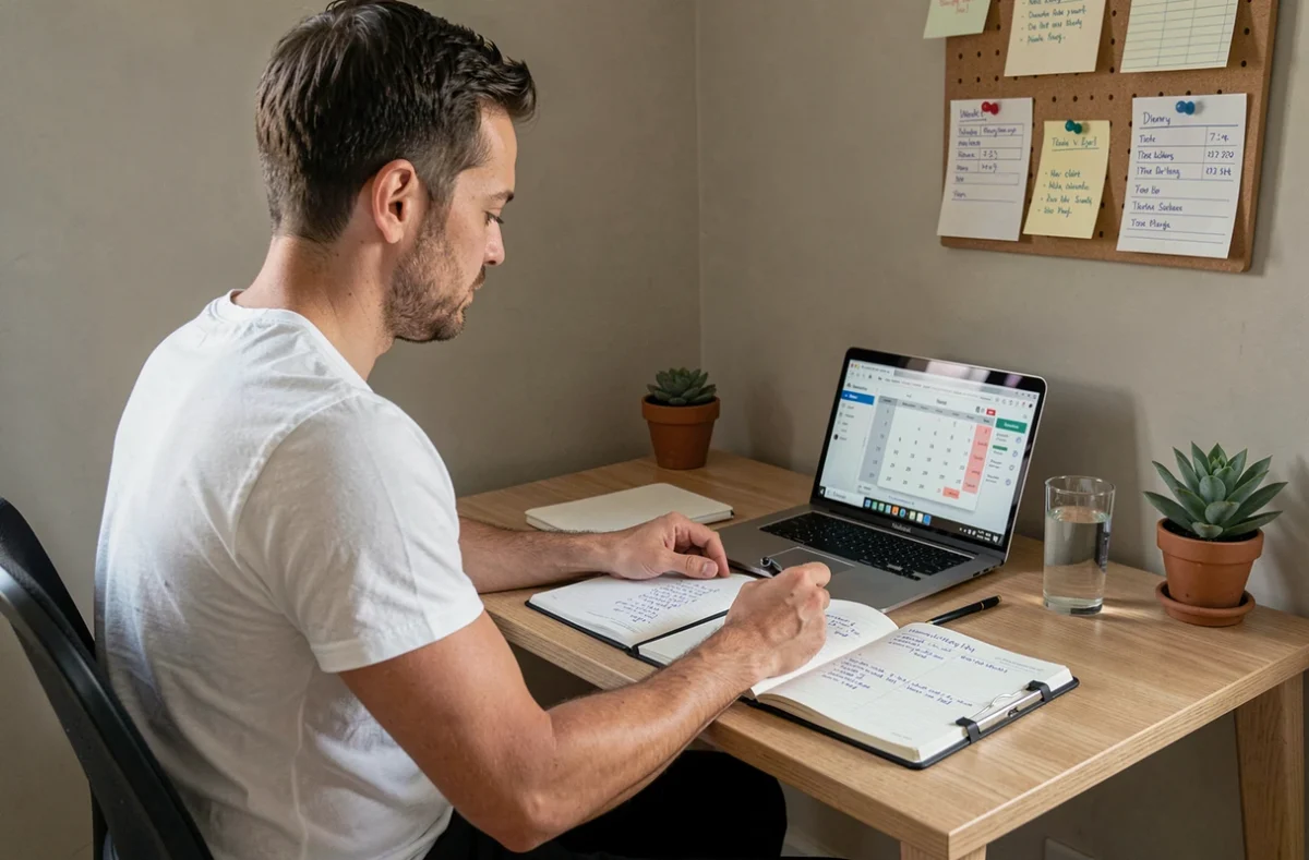 Personne organisant son planning d'apprentissage autodidacte tôt le matin dans un bureau à domicile avec agenda et ordinateur