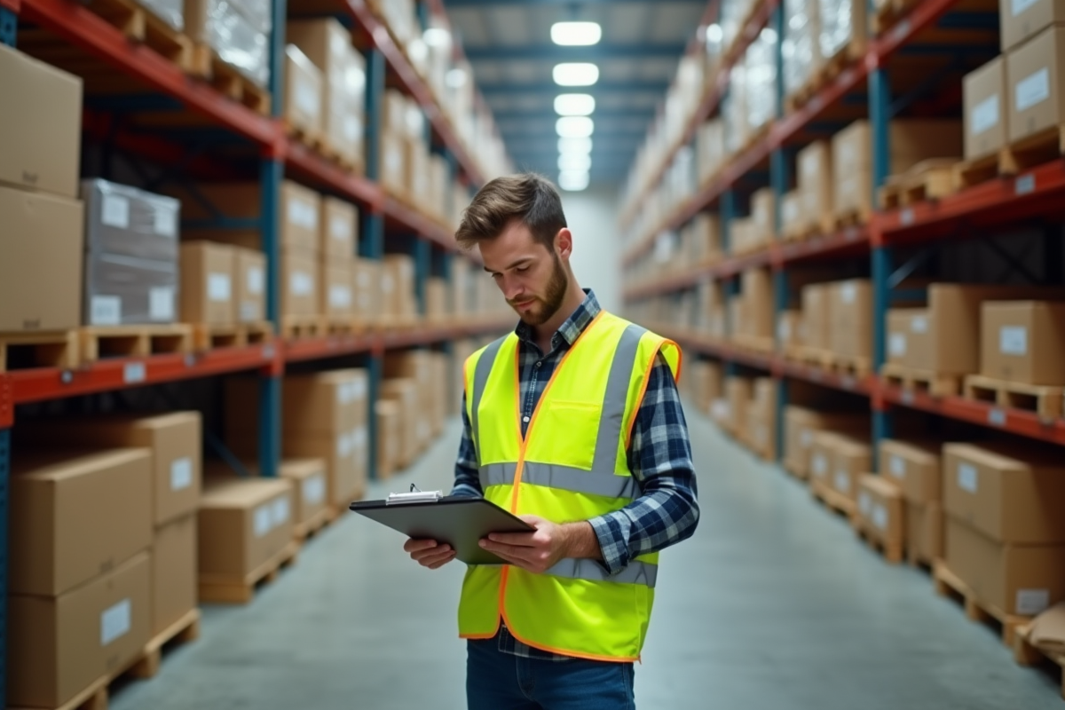 Jeune homme en vest neon vérifie inventaire dans un entrepôt