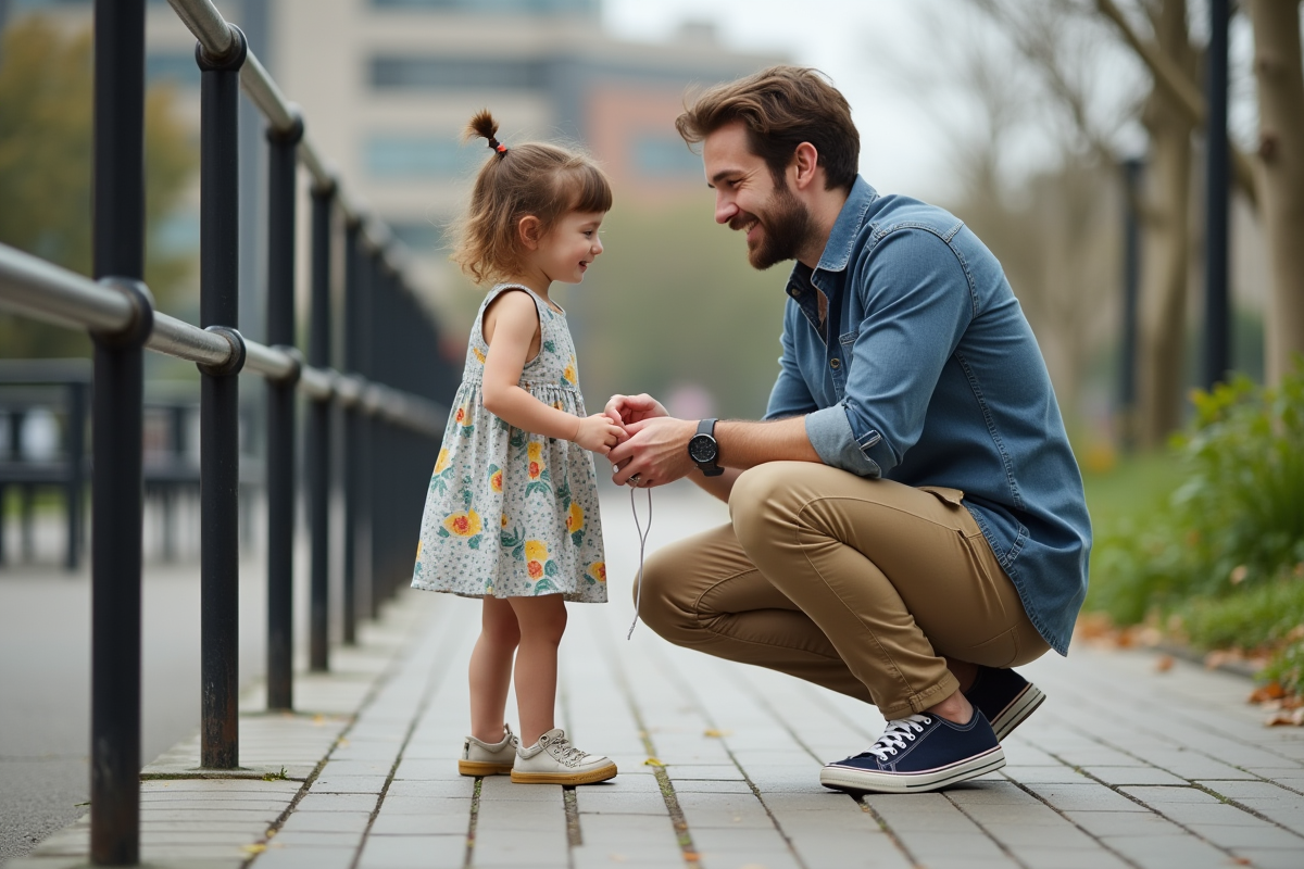 Père aidant sa fille à lacer ses chaussures dans un parc urbain