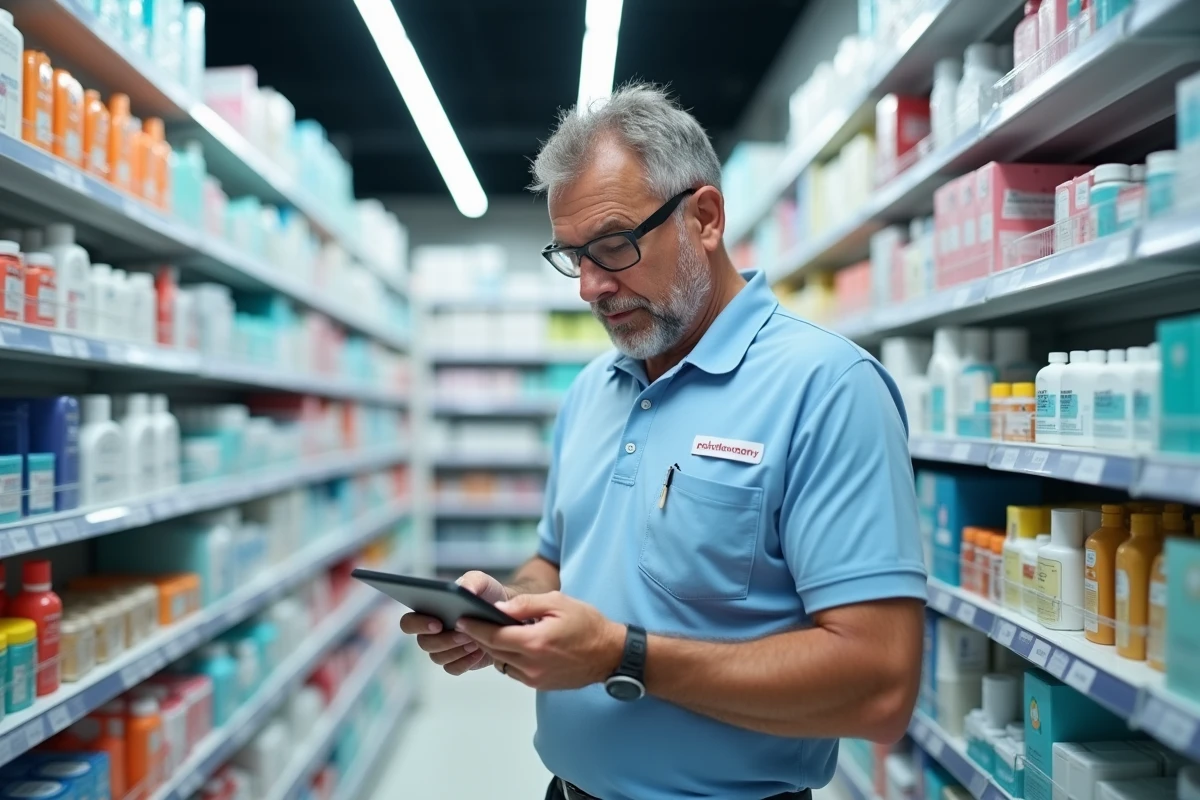 Parapharmacien masculin réapprovisionnant les rayons d'une grande parapharmacie moderne avec une tablette numérique à la main