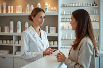 Parapharmacienne en blouse blanche conseillant une cliente dans une pharmacie moderne avec des rayons de produits cosmétiques