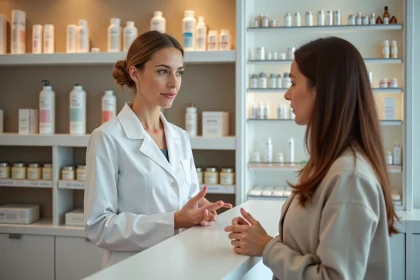 Parapharmacienne en blouse blanche conseillant une cliente dans une pharmacie moderne avec des rayons de produits cosmétiques