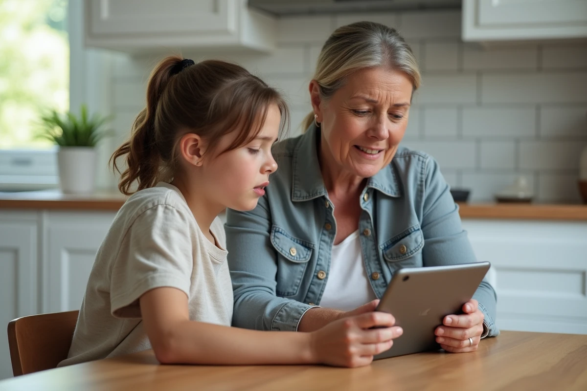 Mère aidant son enfant à récupérer le mot de passe de l'ENT collège 78 sur une tablette dans la cuisine