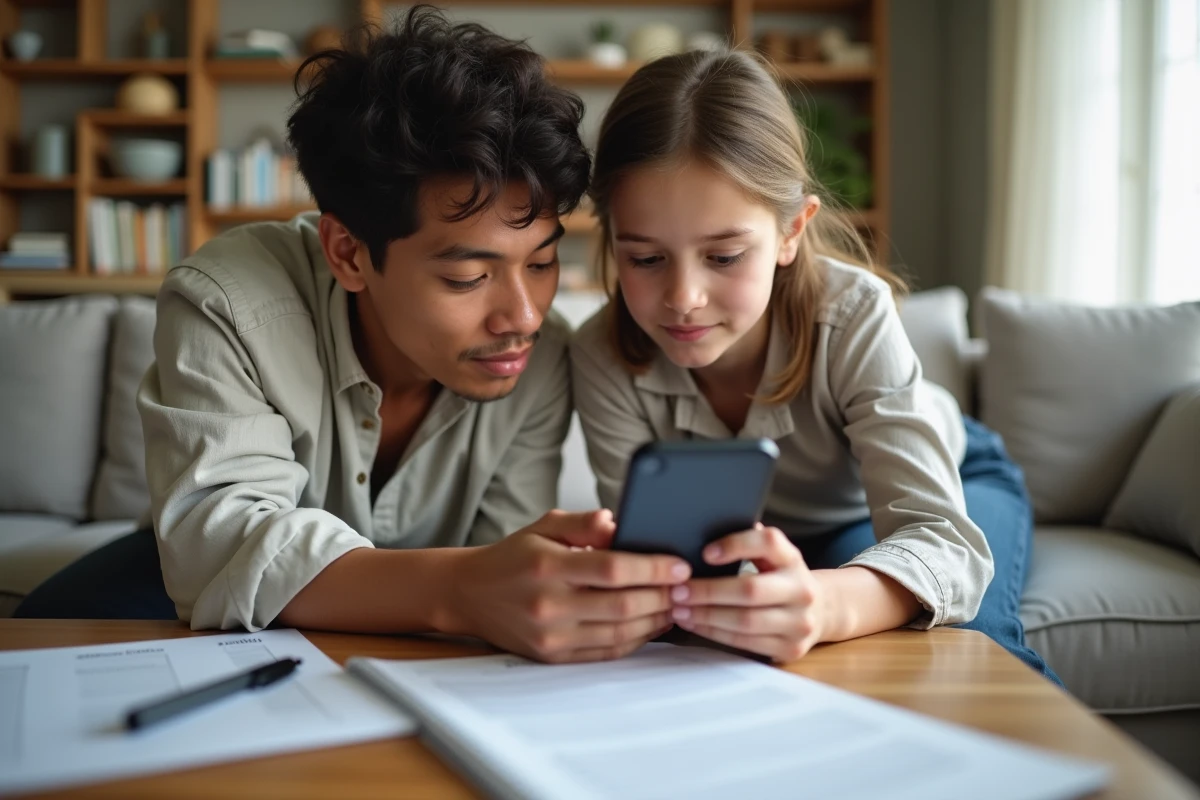 Parent et collégien consultant ensemble le suivi des devoirs sur smartphone dans un salon familial