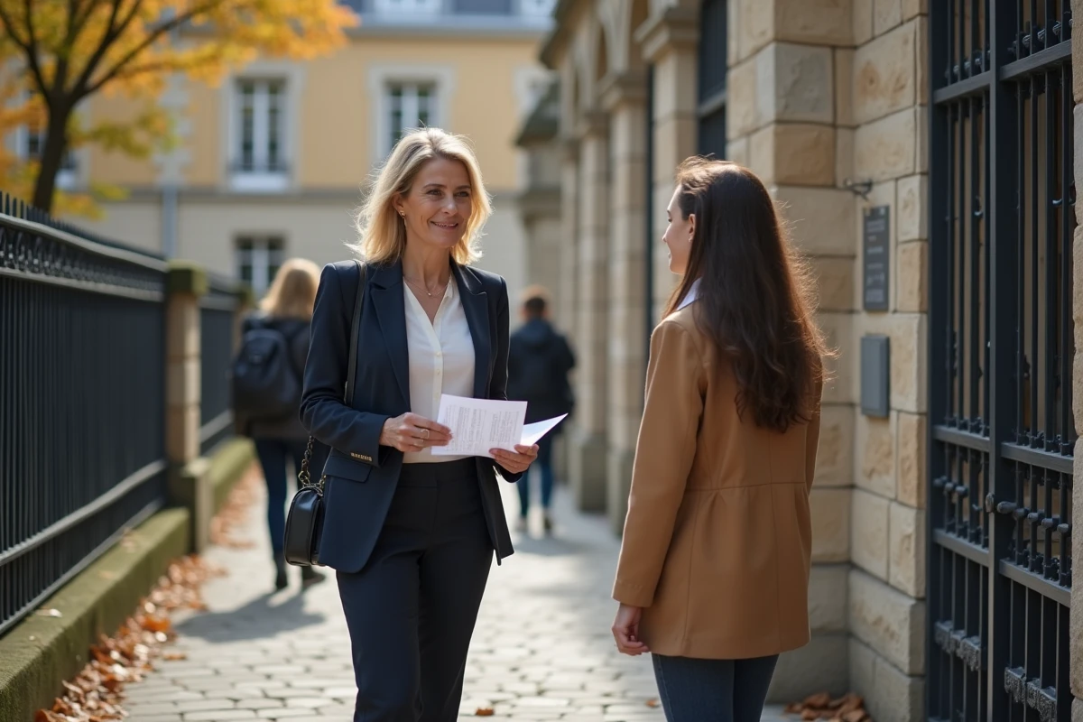Parent d'élève devant l'entrée du lycée Jean Moulin à Vincennes en automne