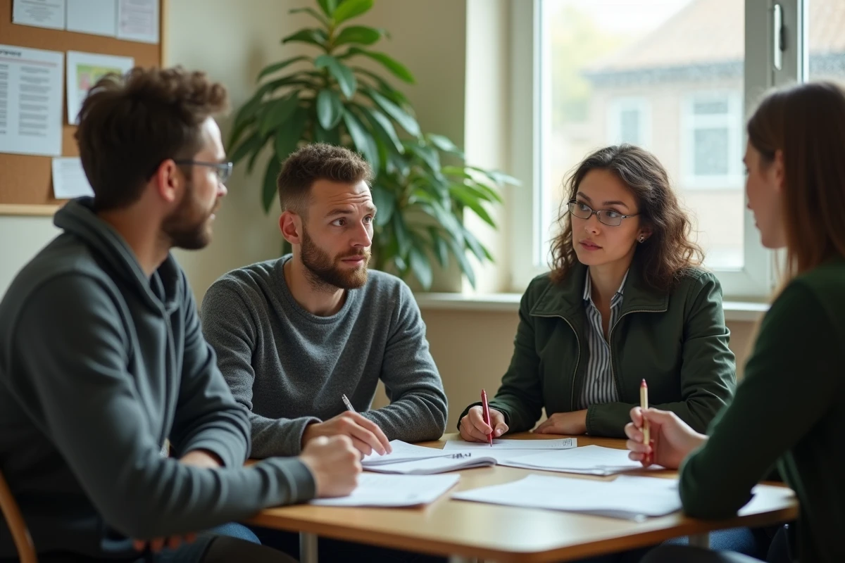 Parents d'élève en réunion avec un enseignant pour évoquer le suivi en classe ulis