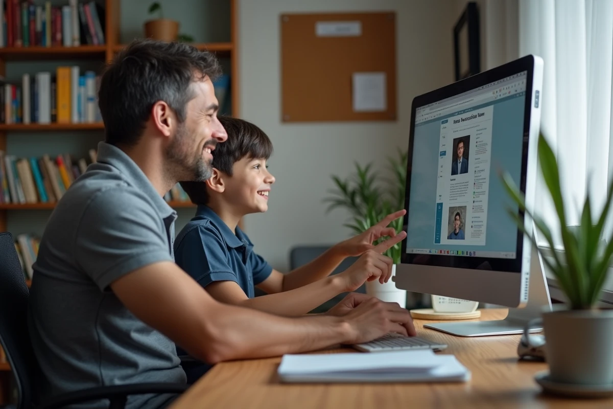 Père et fils adolescent consultant ensemble les actualités éducatives sur un ordinateur de bureau à la maison, préparant la semaine scolaire