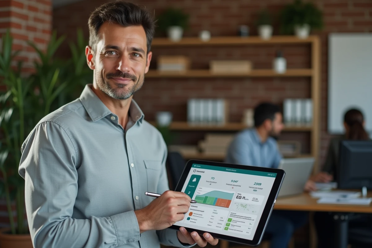 Un professionnel consulte une plateforme d'apprentissage ESG sur une tablette dans un espace de coworking, représentant l'usage pédagogique des outils numériques ESG