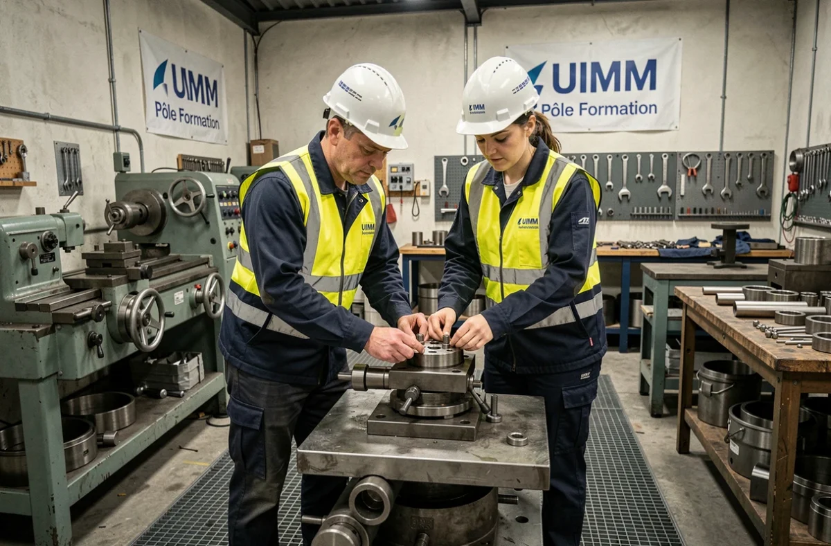 Deux techniciens en formation industrielle au Pôle Formation Bretagne UIMM portant casques et gilets dans un atelier mécanique
