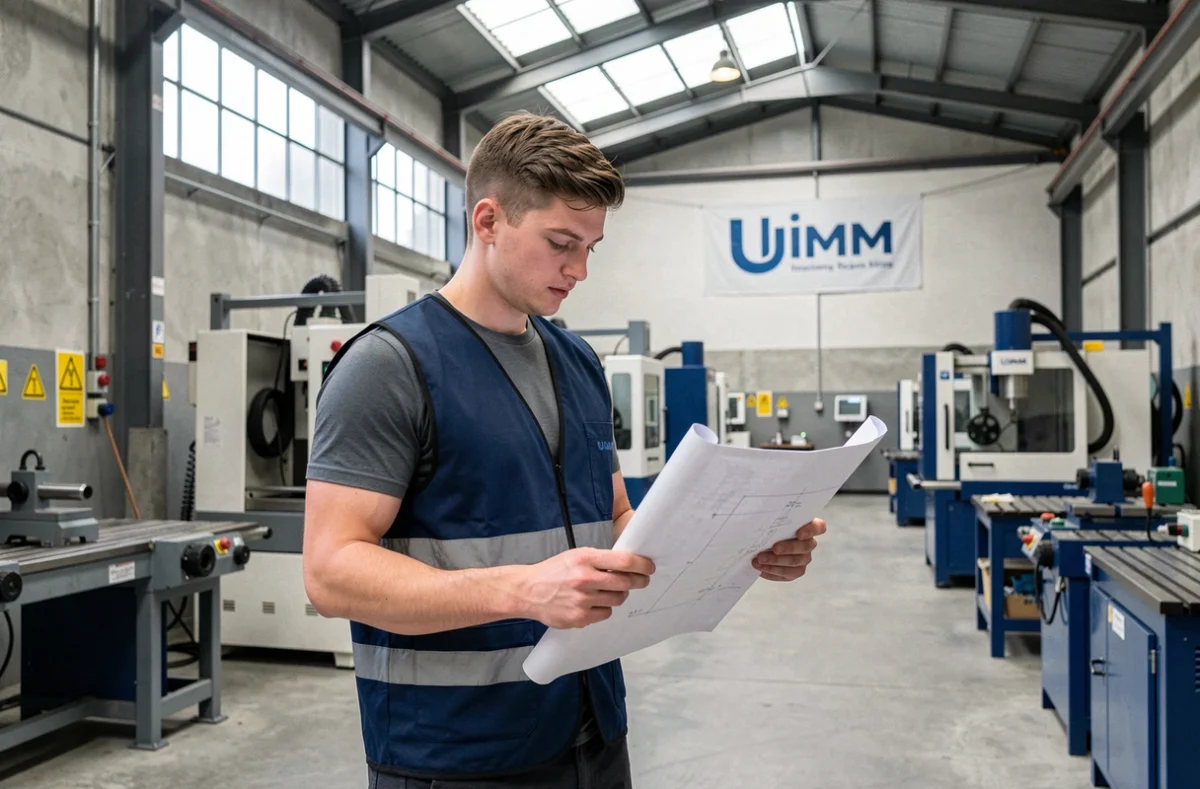 Apprenti en alternance industrielle étudiant un plan technique dans l'atelier du Pôle Formation UIMM Occitanie