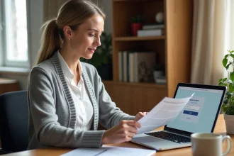 Femme d'âge mûr effectuant sa première connexion sur le portail Aisne NEO depuis son bureau à domicile