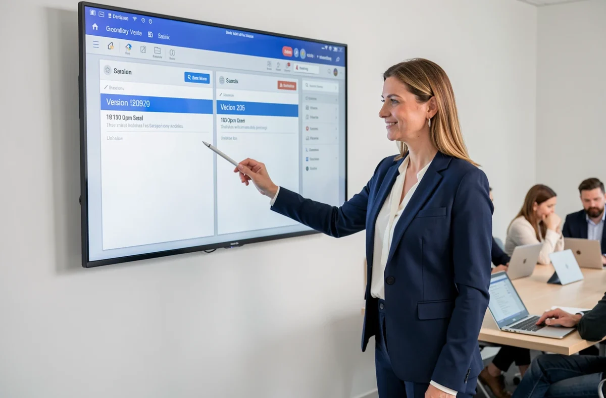 Formatrice présentant les différences entre deux versions du logiciel CAP RLA sur un écran de salle de formation