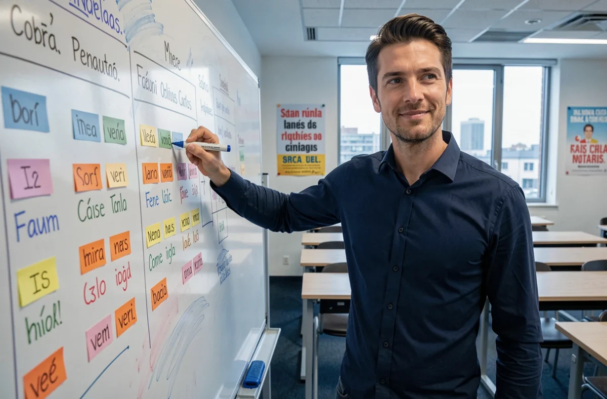 Professeur expliquant les parallèles entre la conjugaison espagnole et française devant un tableau blanc en classe
