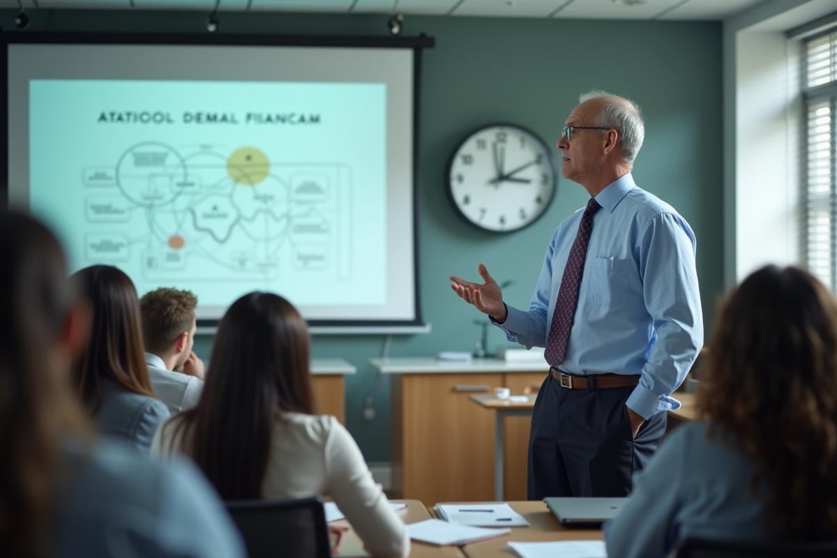 Enseignant en classe observant une horloge et ses étudiants