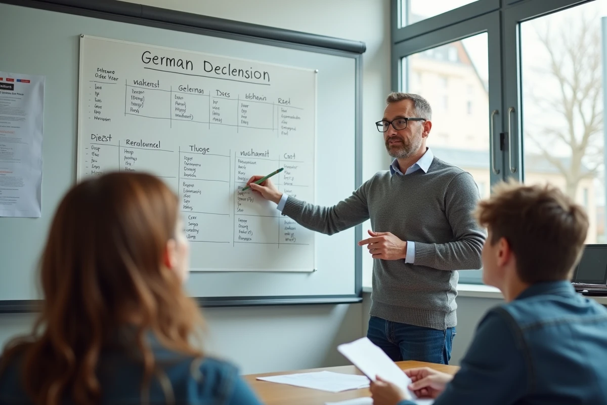 Professeur enseignant la declinaison allemande à un groupe d