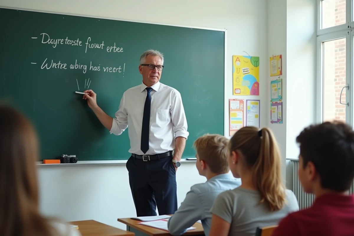 Professeur de français expliquant une phrase aux élèves en classe