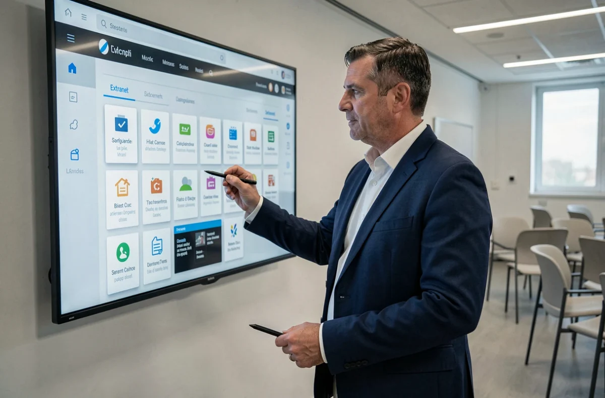Professeur PSB présentant l'extranet pédagogique sur un écran interactif dans une salle de séminaire moderne