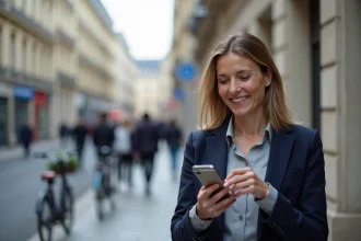 Professeure consultant son dossier IProf sur smartphone dans une rue de Dijon