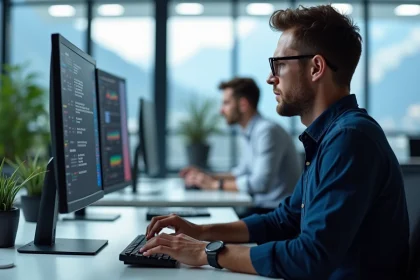 Professionnel IT configurant un accès VPN sécurisé sur un poste de travail dans un bureau moderne de Grenoble avec vue sur les Alpes