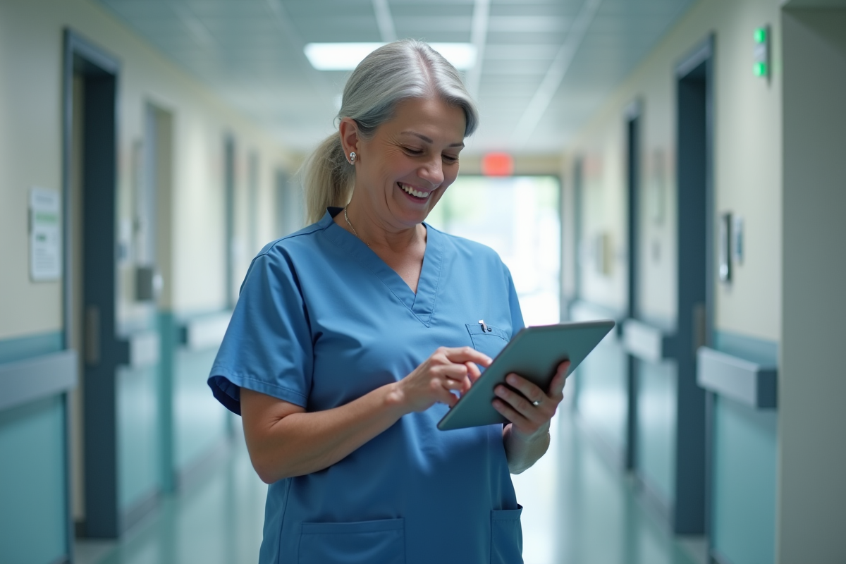 Infirmiere en blouse bleue consulte patient dans un couloir d'hopital