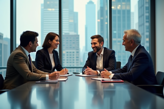 Quatre professionnels en réunion dans un bureau moderne