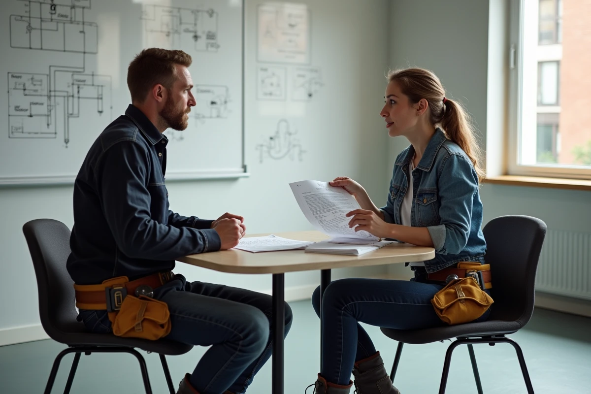 Deux professionnels du bâtiment évaluant la qualité et le prix de formations bricolage certifiées