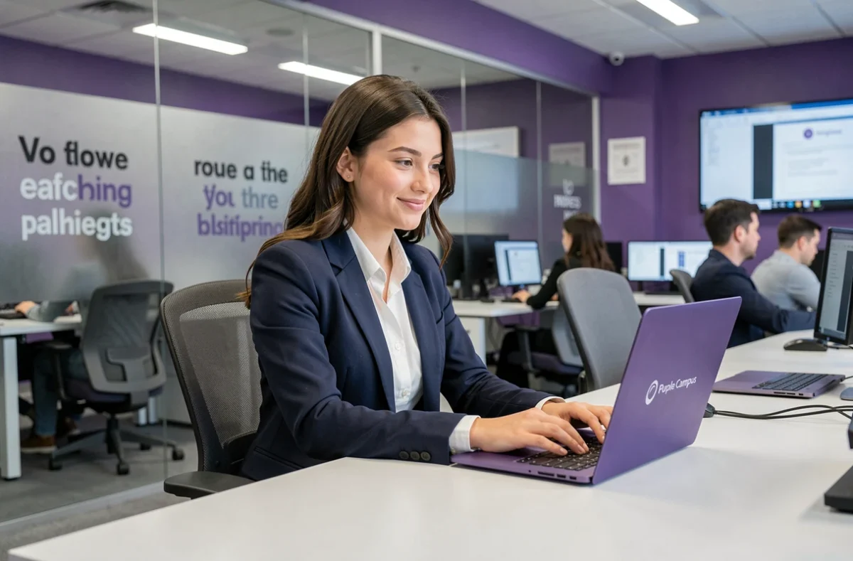 Étudiante en alternance travaillant sur ordinateur dans une salle moderne de Purple Campus Occitanie