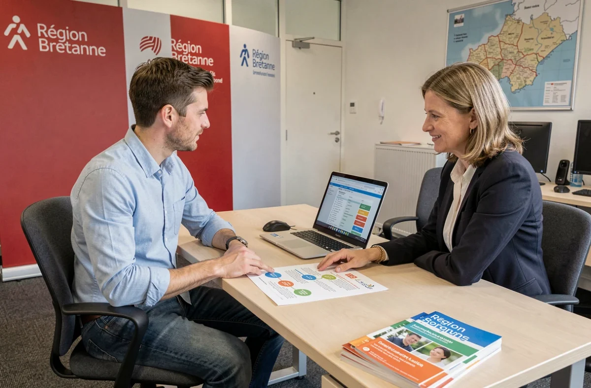Demandeur d'emploi accompagné par un conseiller dans une agence Qualif'Emploi Bretagne avec signalétique Région Bretagne
