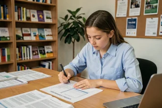 Jeune femme remplissant un questionnaire d'orientation scolaire et professionnelle dans un bureau universitaire
