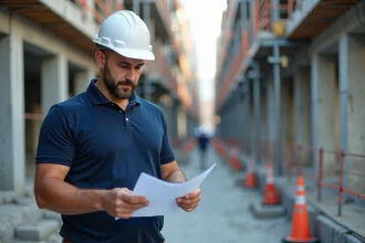 Homme en reconversion professionnelle portant un casque de chantier blanc et consultant des documents de formation BTP sur un chantier urbain